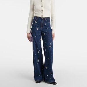 Self Portrait BLUE EMBELLISHED WIDE LEG JEANS $620 NEW without tag